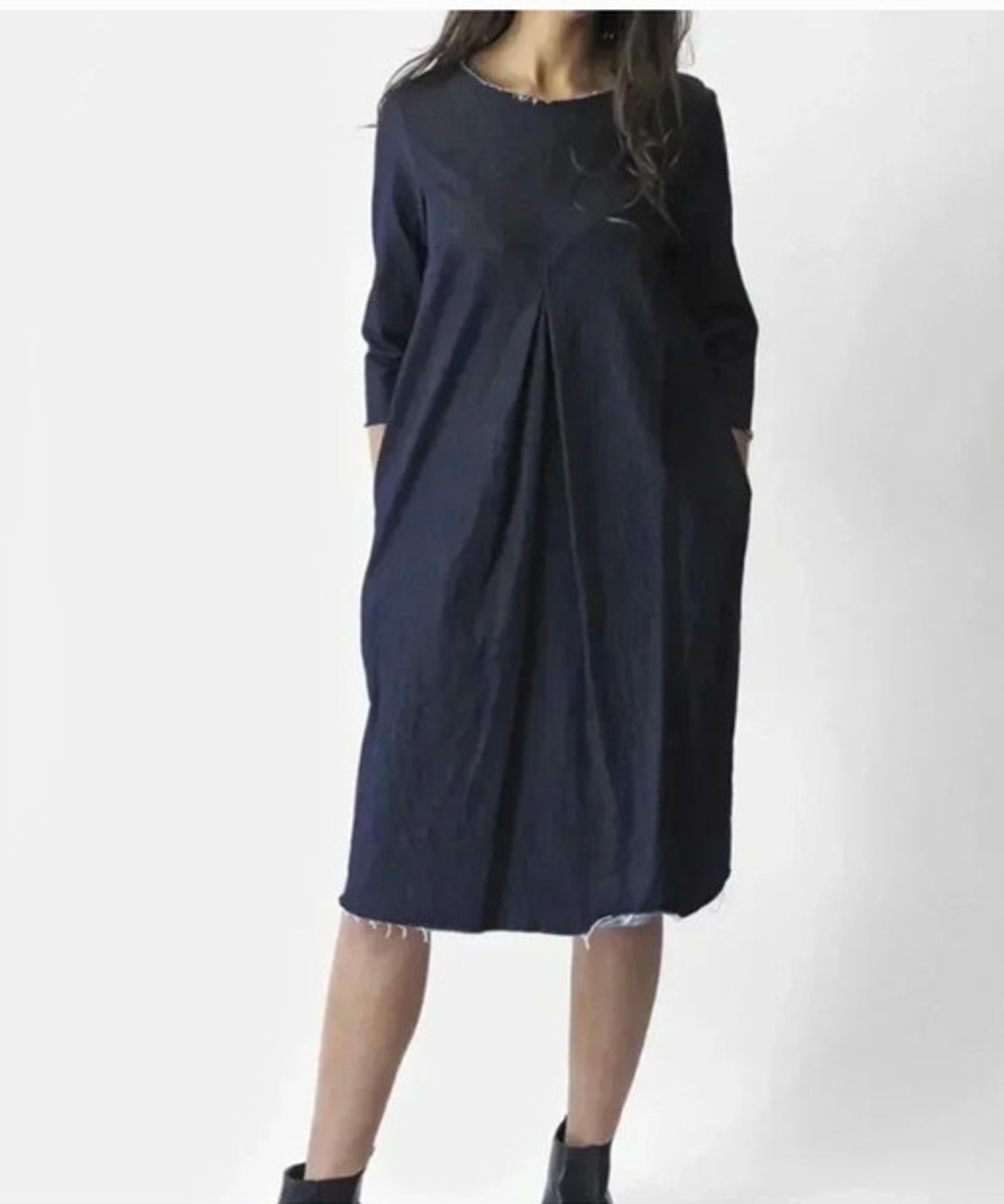 ERICA TANOV Sz 1 Denim Rye Dress 3/4 Sleeve Raw Distressed Edges